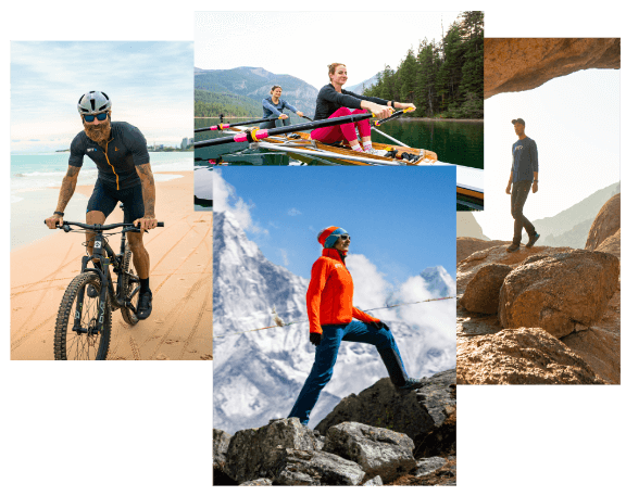 iFIT 锻炼类型的图片，包括在山路上骑自行车、在海滩上跑步、在山上徒步旅行、穿过洞穴和在湖上划船