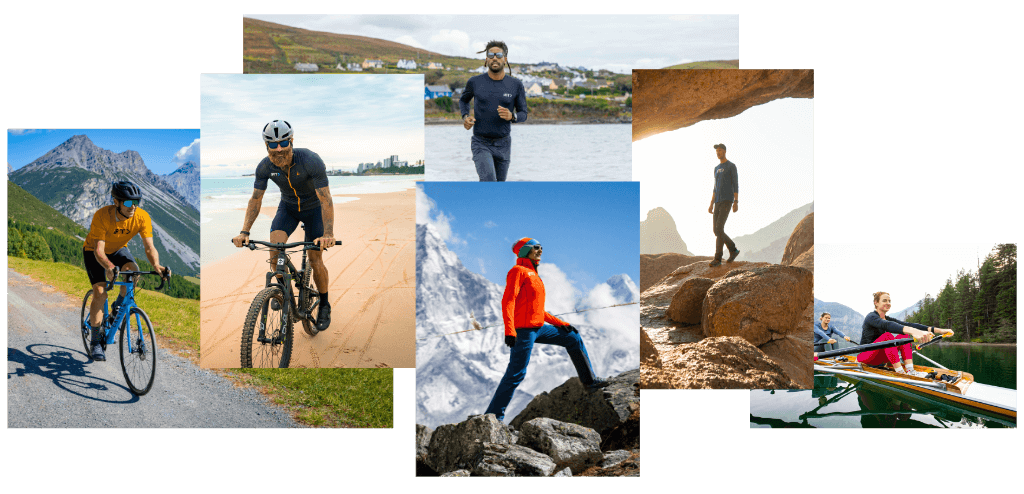 iFIT 锻炼类型的图片，包括在山路上骑自行车、在海滩上跑步、在山上徒步旅行、穿过洞穴和在湖上划船